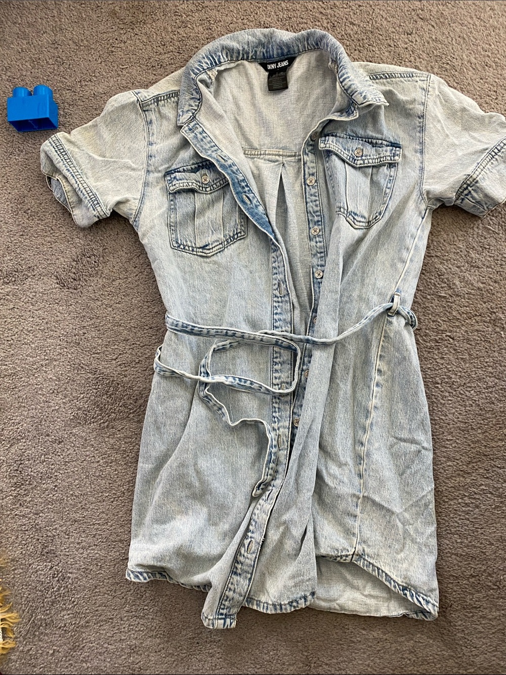 DKNY Light Blue Denim Shirt Dress with Tie Waist